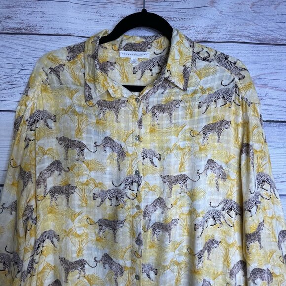 Jane & Delancey Blouse Tunic M Yellow Animal Print Cheetah Button Up Boho - Picture 3 of 13